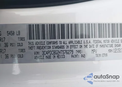 2017 Dodge Journey Sxt z USA, uszkodzony, nr VIN 3C4PDCBG2HT576279